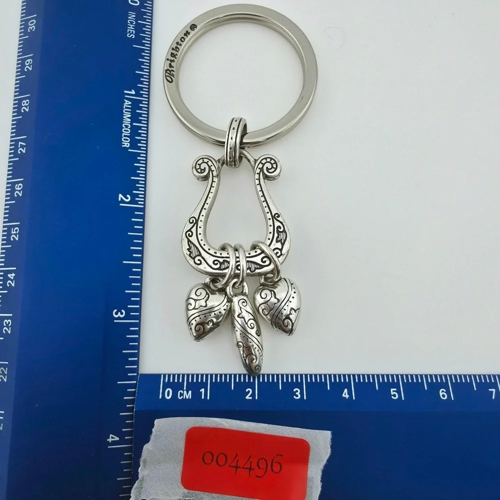 BRIGHTON 'One World' Keychain Bag Charm Harp Heart Scrollwork Silver Plate 3.5